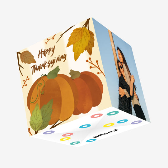 Happy Thanksgiving Orange Pumpkins And Leaves Confetti-exploding Greetings Card