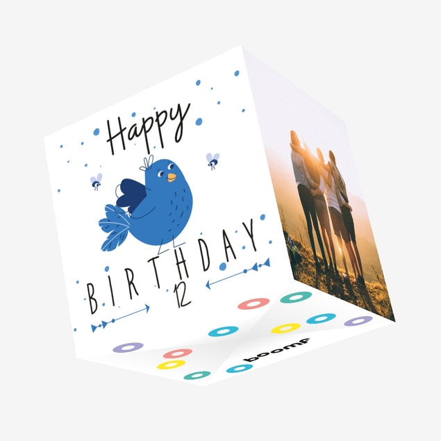 Cute Lovely Blue Bird Happy 12th Birthday Confetti-exploding Greetings Card