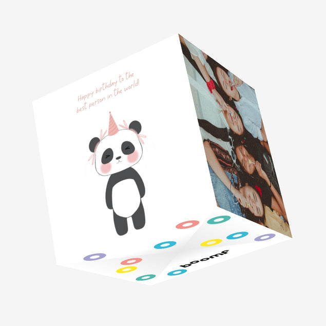 Cute Panda In Pink Party Hat Happy Birthday Best Person Confetti-exploding Greetings Card