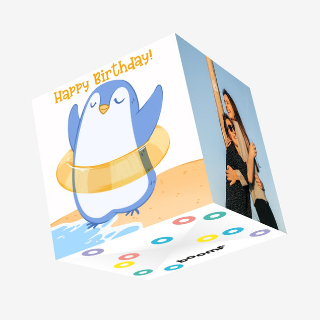 Happy Penguin On The Beach Happy Birthday Confetti-exploding Greetings Card