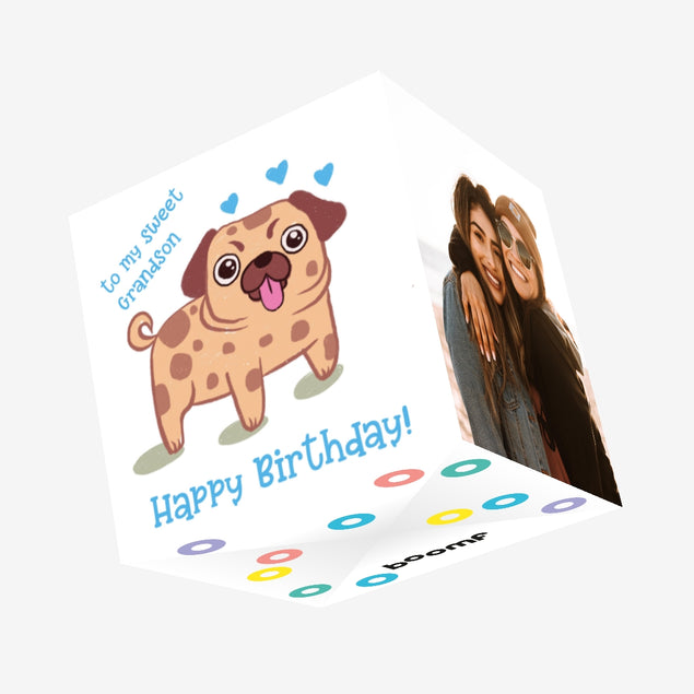 Blue Cute Pug Happy Birthday Grandson Confetti-exploding Greetings Card