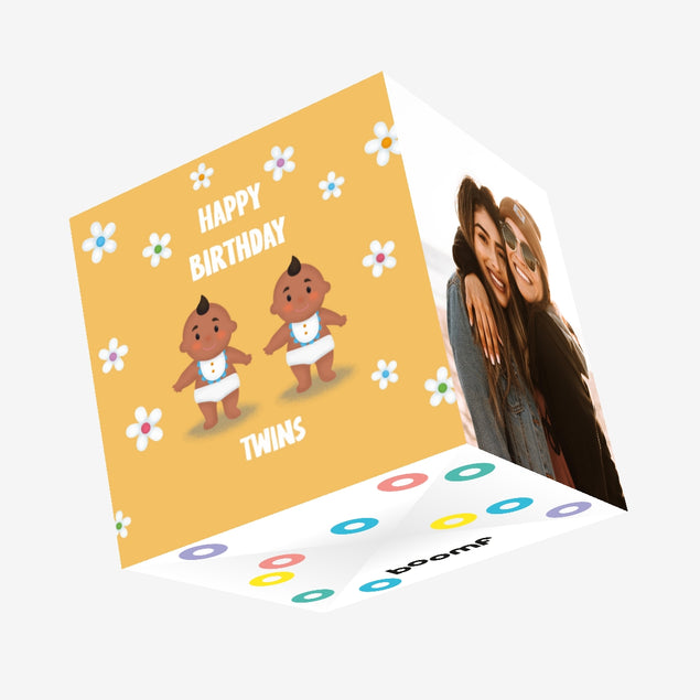 Flowers And Babies In Yellow Happy Birthday Twins Confetti-exploding Greetings Card