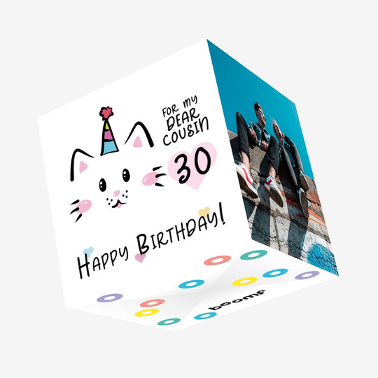 Simple Kitty Cousin 30th Birthday Confetti-exploding Greetings Card