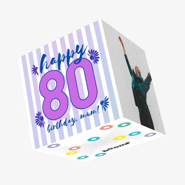 Purple Stripes Happy 80th Birthday Mum Confetti-exploding Greetings Card