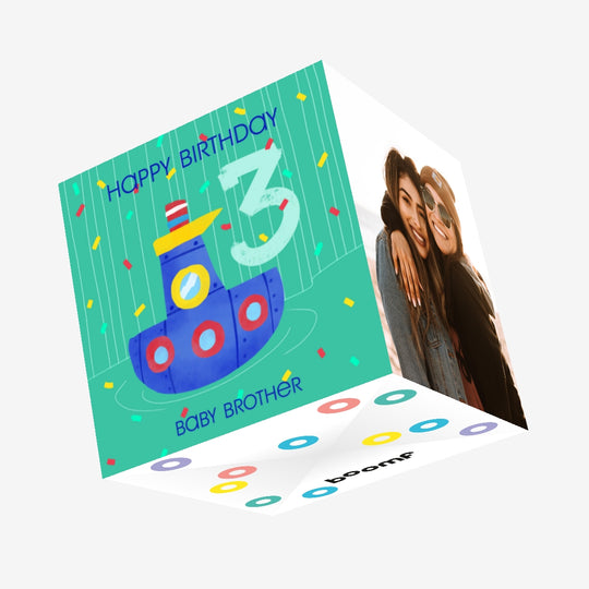 Cute Little Boat Happy 3rd Birthday Brother Confetti-exploding Greetings Card