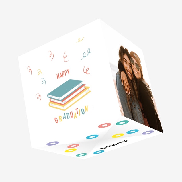 Cute Colorful Books Happy Graduation Confetti-exploding Greetings Card