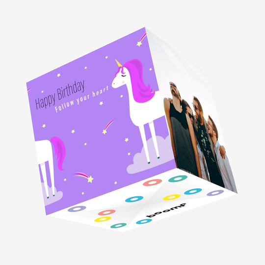Happy Birthday Follow Your Heart Unicorn With Pink Mane Confetti-exploding Greetings Card