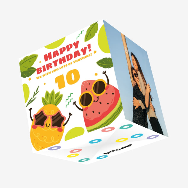 Shining Pineapple And Watermelon Happy 10th Birthday Confetti-exploding Greetings Card