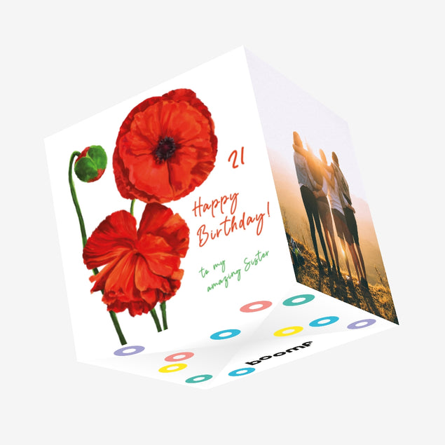 Beautiful Red Poppies Happy 21st Birthday Sister Confetti-exploding Greetings Card