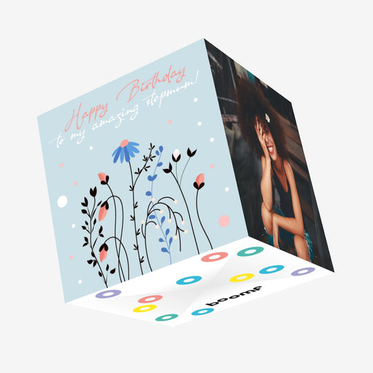 Happy Birthday Stepmum Blue Flowers Confetti-exploding Greetings Card