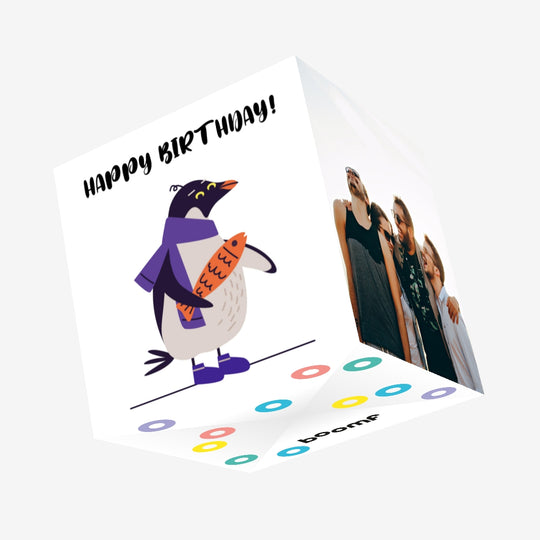 Warm Dressed Penguin With Fish Happy Birthday Confetti-exploding Greetings Card