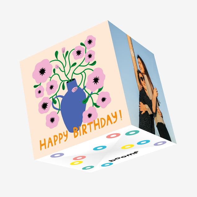 Vase With Beautiful Pink Flowers Bithday Confetti-exploding Greetings Card