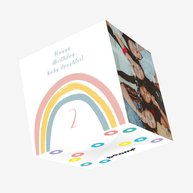 Cute Rainbow Happy 2nd Birthday Daughter Confetti-exploding Greetings Card