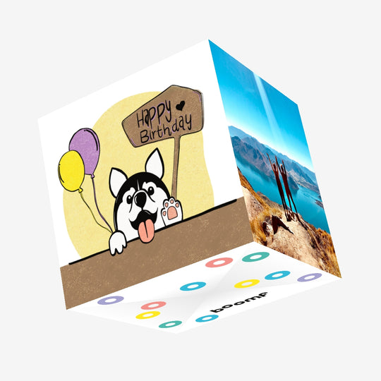 Husky Dog With Balloons Happy Birthday Confetti-exploding Greetings Card