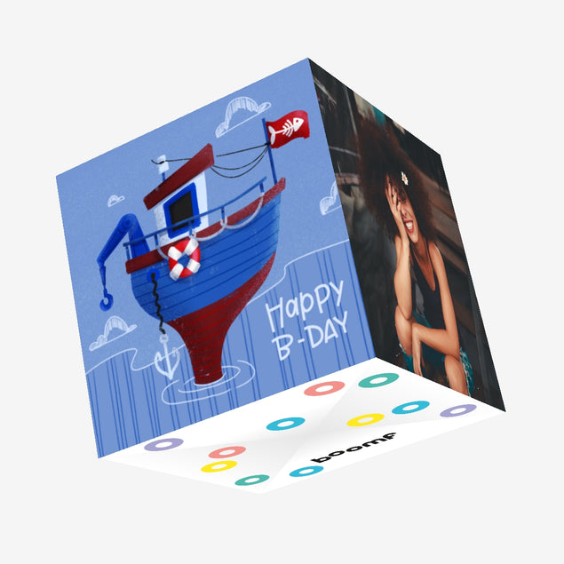 Blue Background Fishing Boat Happy Birthday Confetti-exploding Greetings Card