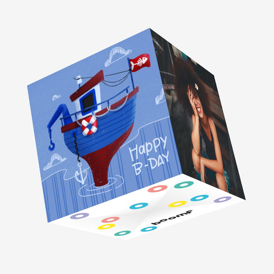 Blue Background Fishing Boat Happy Birthday Confetti-exploding Greetings Card