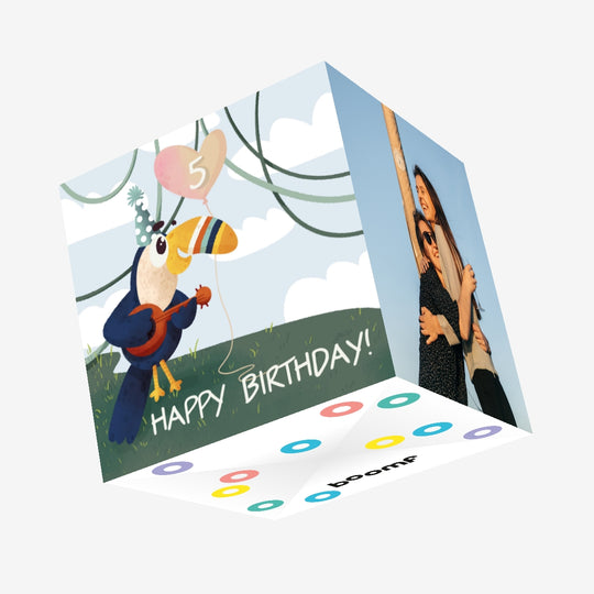 Happy 5th Birthday Bird Playing Music Confetti-exploding Greetings Card