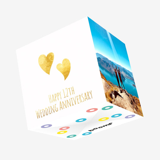 Happy 12th Wedding Anniversary Golden Hearts Confetti-exploding Greetings Card