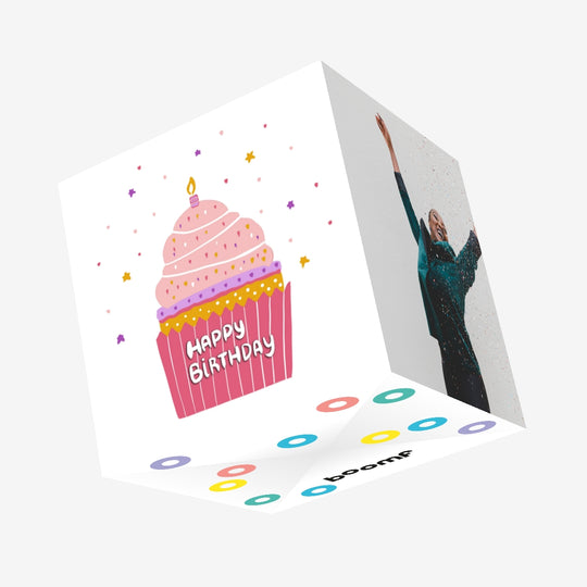Happy Birthday Cute Cupcake In Pink Confetti-exploding Greetings Card