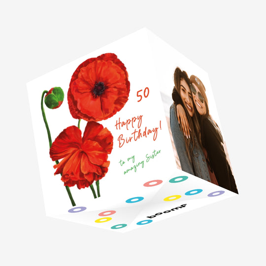 Beautiful Red Poppies Happy 50th Birthday Sister Confetti-exploding Greetings Card