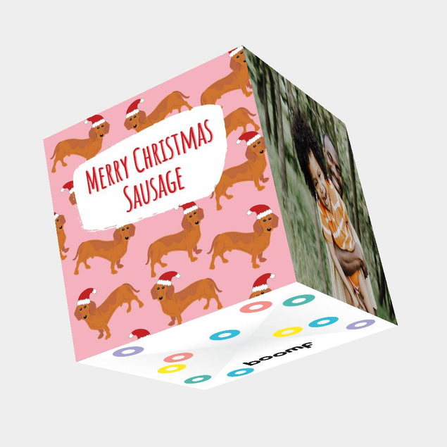Merry Christmas Sausage Dachshund Card 3D Cube Card