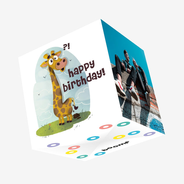 Funny Confused Giraffe Happy Birthday Confetti-exploding Greetings Card