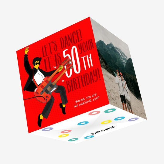 Happy 50th Birthday Bestie Let's Dance Rock Star Confetti-exploding Greetings Card