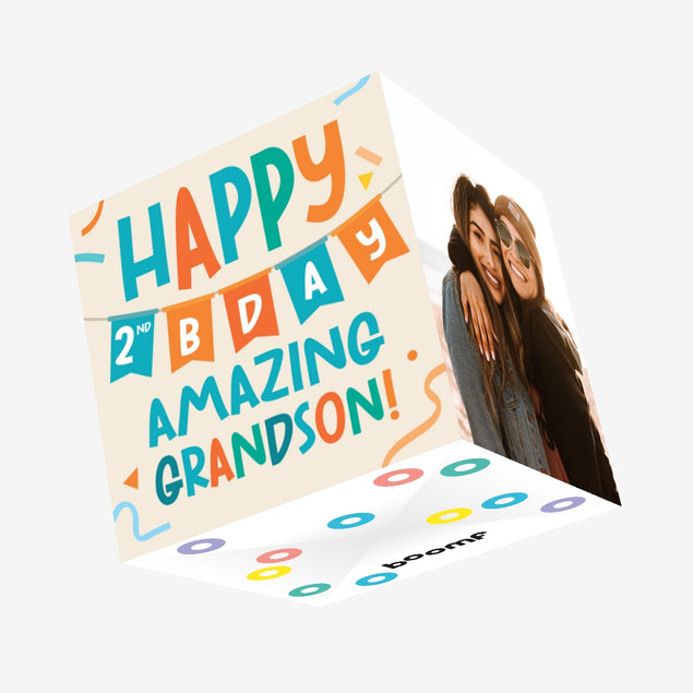 Colourful Letters Happy 2nd Birthday Grandson Confetti-exploding Greetings Card