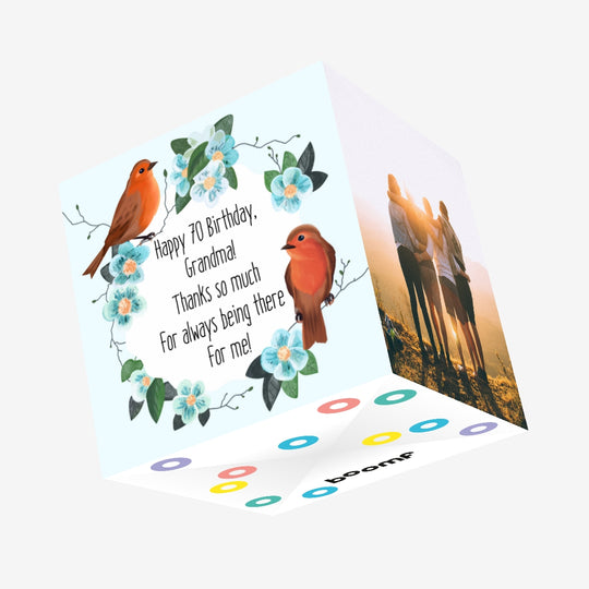 Happy Birthday 70th Grandma Red Birds And Blue Flowers Confetti-exploding Greetings Card