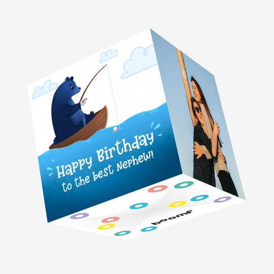 Blue Bear Fishing Happy Birthday Nephew Confetti-exploding Greetings Card