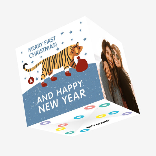 Merry First Christmas And Happy New Year Tiger Confetti-exploding Greetings Card