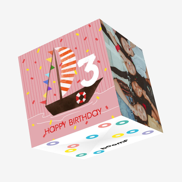 Cute Little Boat In Pink Happy 3rd Birthday Confetti-exploding Greetings Card