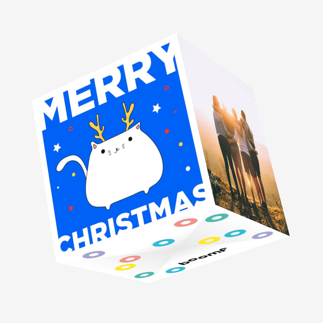 Cat Deer Merry Christmas Blue Background Confetti-exploding Greetings Card