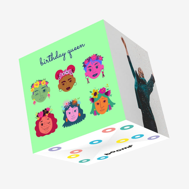 Colourful Girls Queen Birthday Confetti-exploding Greetings Card