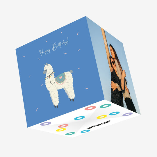Happy Alpaca On The Blue Background Happy Birthday Confetti-exploding Greetings Card