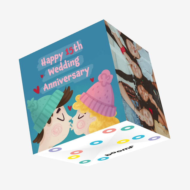 Happy 15th Wedding Anniversary Kissing Couple Confetti-exploding Greetings Card
