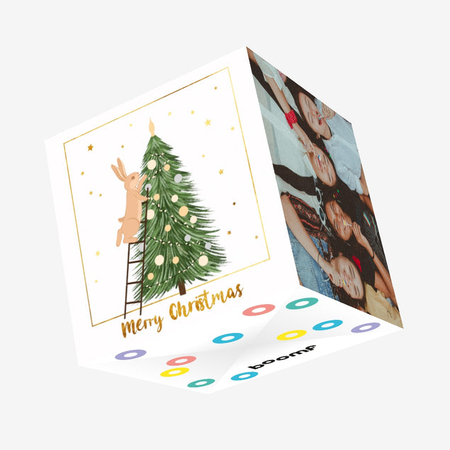 Merry Christmas Cute Rabit Decorating Christmas Tree Confetti-exploding Greetings Card