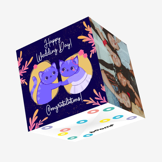 Happy Wedding Day Congratulations Cute Blue Cats Confetti-exploding Greetings Card
