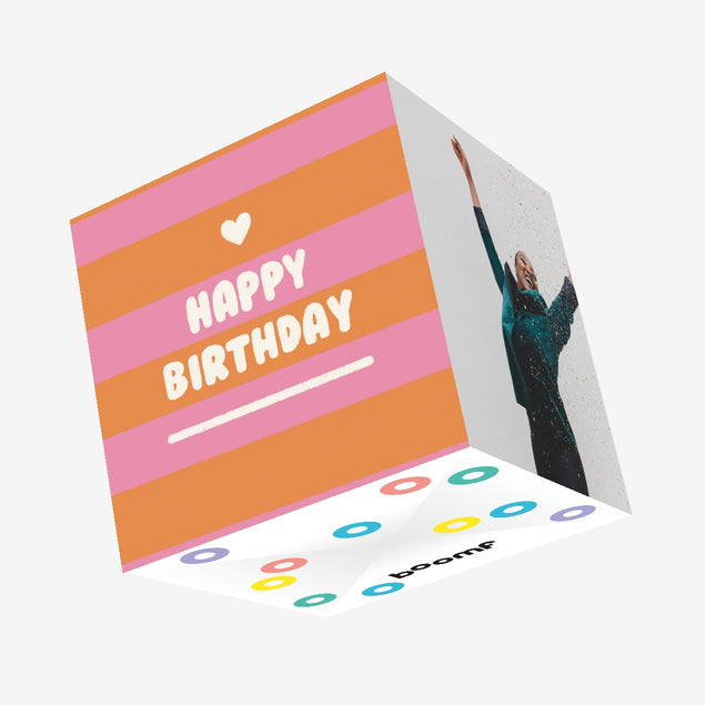 Pink And Orange Stripes Birthday Confetti-exploding Greetings Card