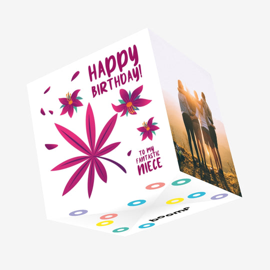 Happy Birthday Fantastic Niece Simple Purple Tropical Plant And Flowers Confetti-exploding Greetings Card