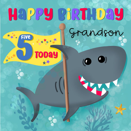 5th Birthday Grandson Cute Shark Card