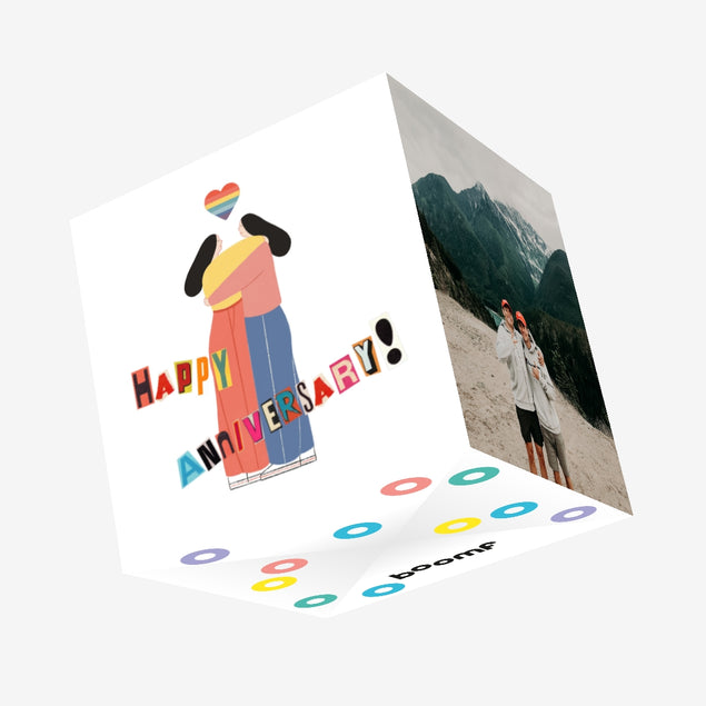 Happy Anniversary Two Girls And Rainbow Heart Confetti-exploding Greetings Card