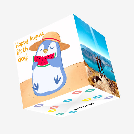 Little Penguin Happy August Birthday Confetti-exploding Greetings Card