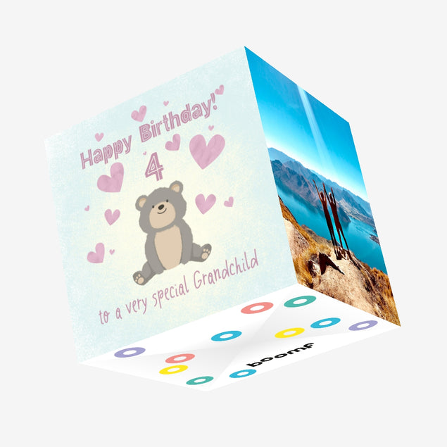 Cute Teddy Bear Happy 4th Birthday Grandchild Confetti-exploding Greetings Card