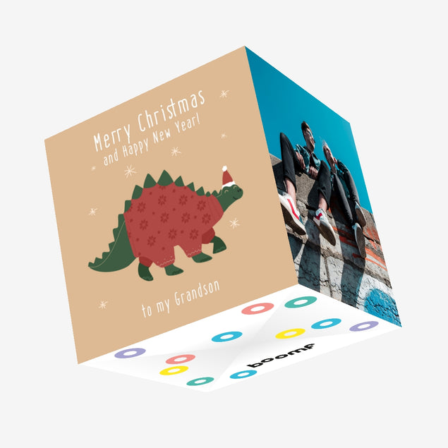 Cute Dino Merry Christmas And Happy New Year To My Grandson Confetti-exploding Greetings Card
