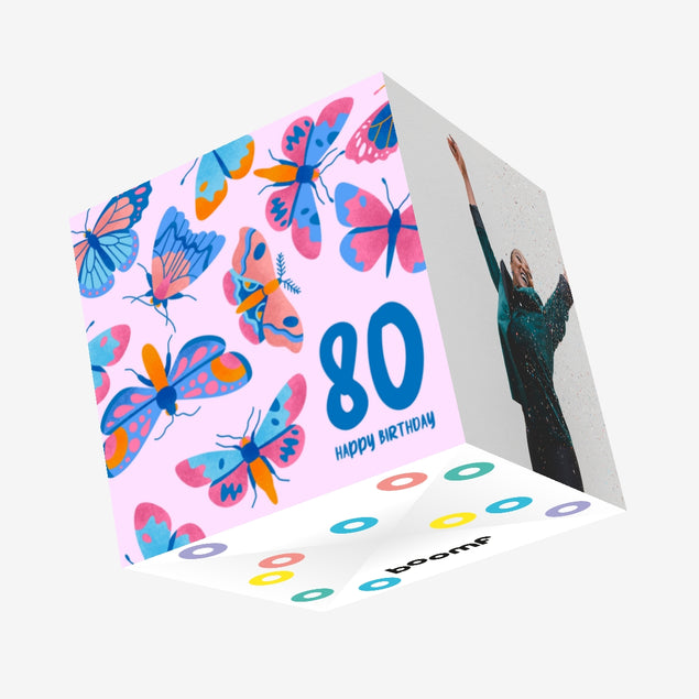 Delicate Pink Butterfly 80th Birthday Confetti-exploding Greetings Card