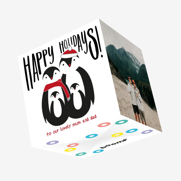 Penguin Family Happy Holidays Mum And Dad Confetti-exploding Greetings Card