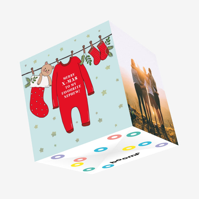Merry First Christmas My Favourite Nephew Red Baby Clothes Confetti-exploding Greetings Card
