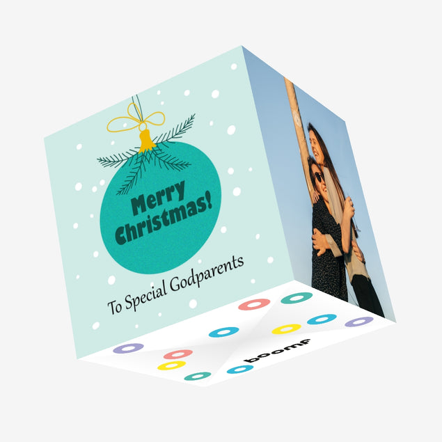 Merry Christmas Special Godparents Blue Bauble Confetti-exploding Greetings Card