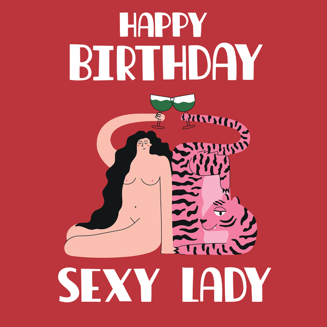 Tiger and Woman Red Wine Birthday Card - 1